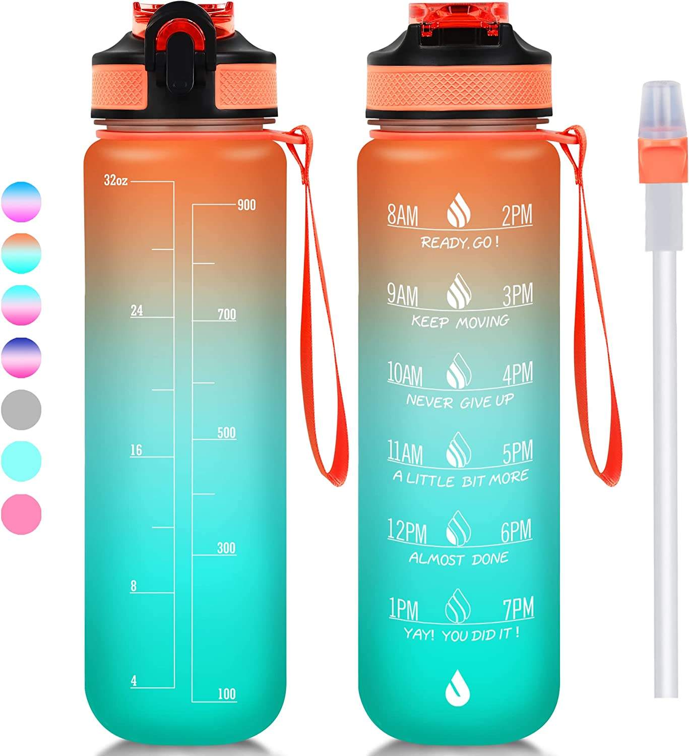 32oz Motivational Gradient BPA FREE GYM Fitness Sports Leakproof Wide Mouth Tritan Plastic Water Bottle With Time Marker