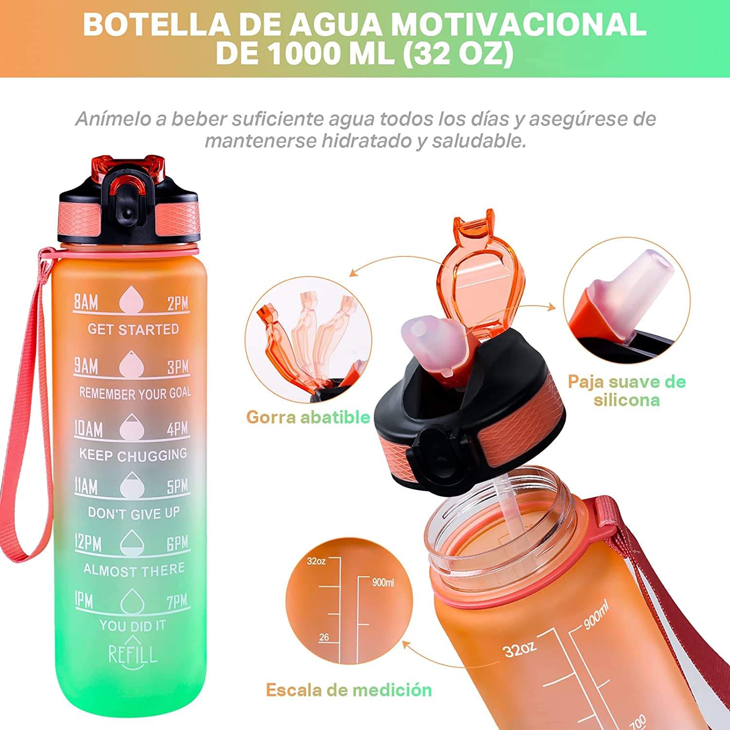 Hot Sale 1L 32 OzCustom Plastic Straw Strainer Filter Gym Sports BPA Free Tritan Motivational Water Bottle