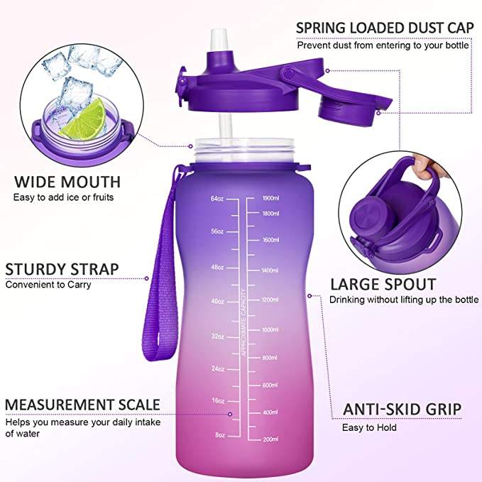 Wholesale 2 Liter Large Capacity Gallon Fitness Sports Motivational Plastic Water Bottle with Time Marker and Straw