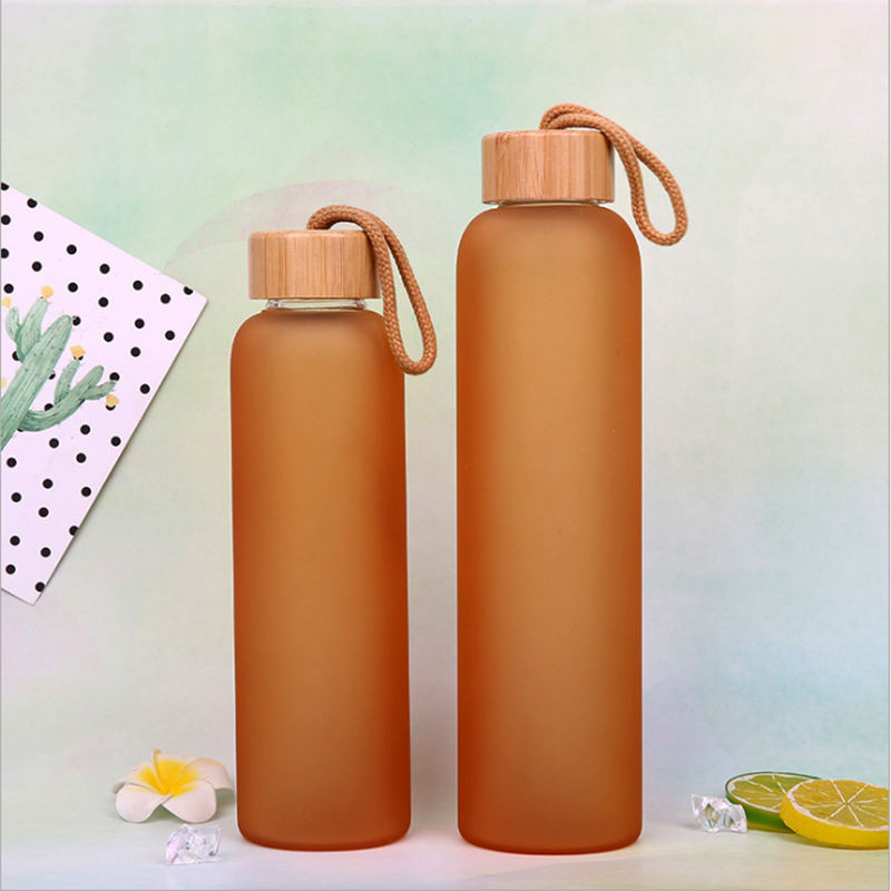 Colorful Custom Borosilicate Glass Water Bottle With Bamboo Lid Frosted Portable Bottle Glass