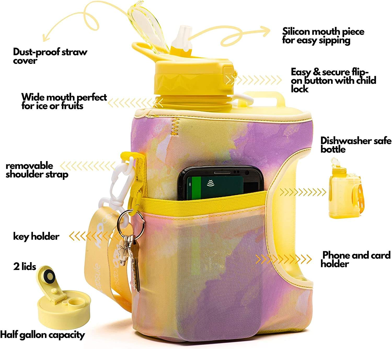 2.2L Half Gallon Water Bottle with Storage Sleeve Large Sippy Cup with Handle