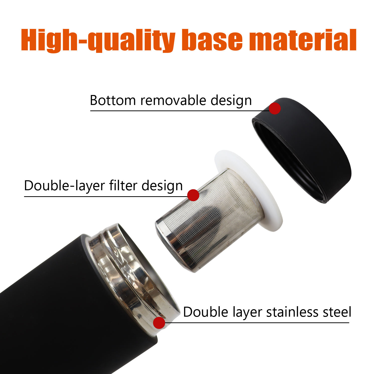 2024 New Tea Cup Black Colour with Filter Tea Cup Fruit Cup with Handle Rope Easy to Carry 500ML Stainless Steel Bottle
