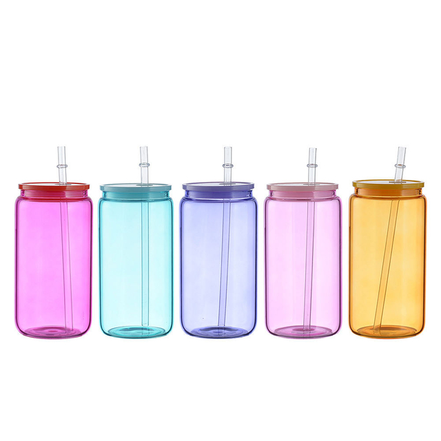 500 Ml 16Oz Wholesale Kids Clear Colorful Transparent Reusable Glass Water Drink Bottles With Straw Lid