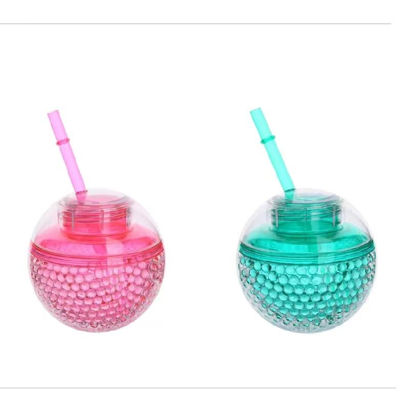 New Double Layered Ice Ball Drink Water Bottle with Straw Summer Outdoor Girl Student Straw Water Plastic Water Bottles Cup