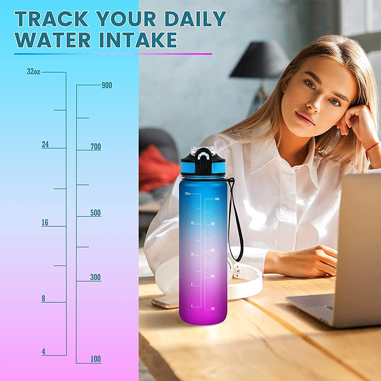 1000ml Plastic Frosted Tritan Bpa Free 1L Sport Kid Gym 32oz Motivational Water Bottle with Custom logo