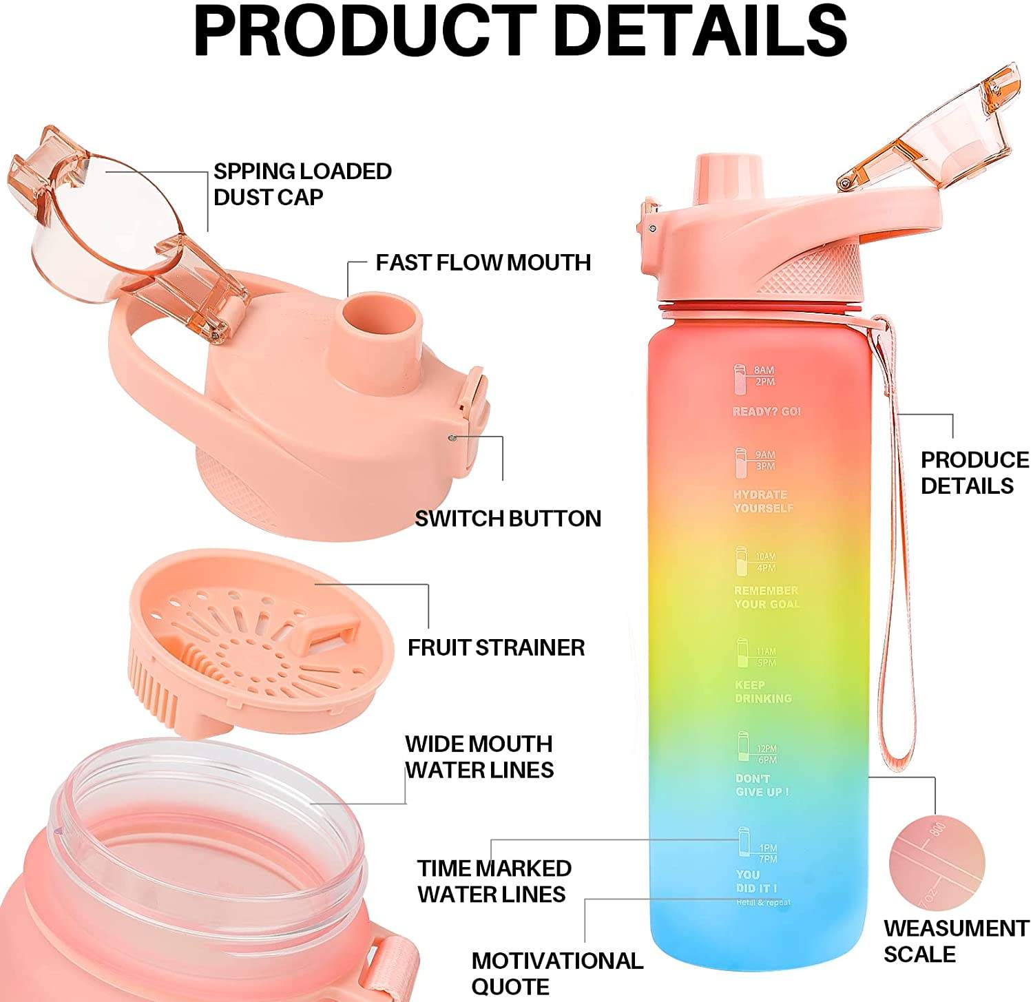 1L /32 oz Leakproof Tritran BPA Free GradienPlastic Water Bottle with Motivational Time Marker Water Bottle With Custom Logo
