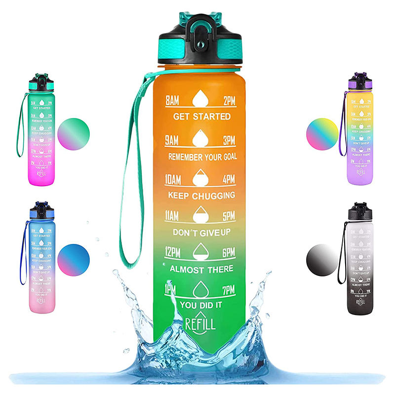 Bpa-Free 1L Sport Plastic Gradient Color Motivational Large Water Bottle With Time Marker With Straw
