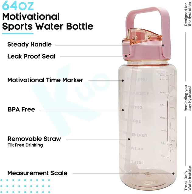 Water Bottle 1/2 Gallon Motivational Large Water Bottle with Time Marker & Straw