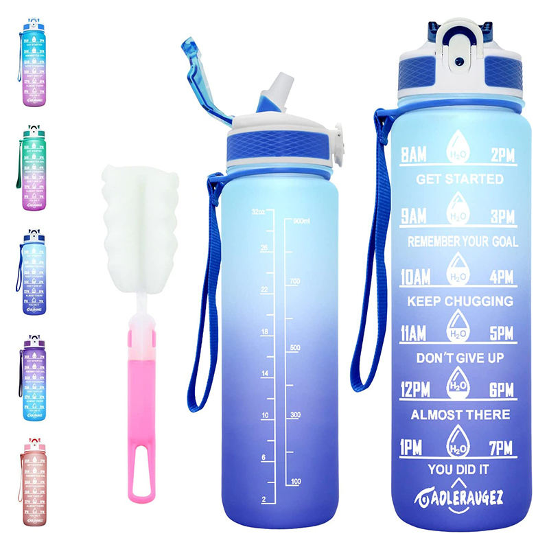 1L Popular Stcoked Customized Logo Motivational Sports Water Bottle Portable Plastic Water Bottle With Strap
