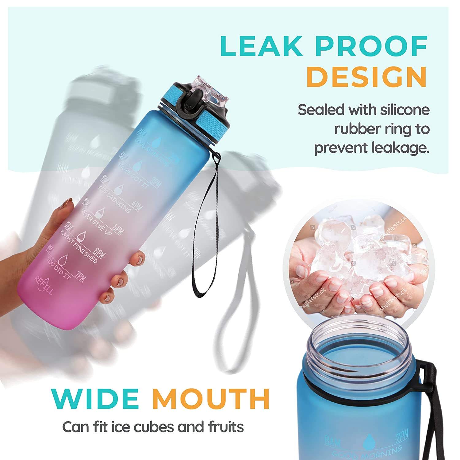 32oz 1L BPA Free Gym Custom Sport Motivational Plastic Water Bottle with Straw Time Marker Custom logo