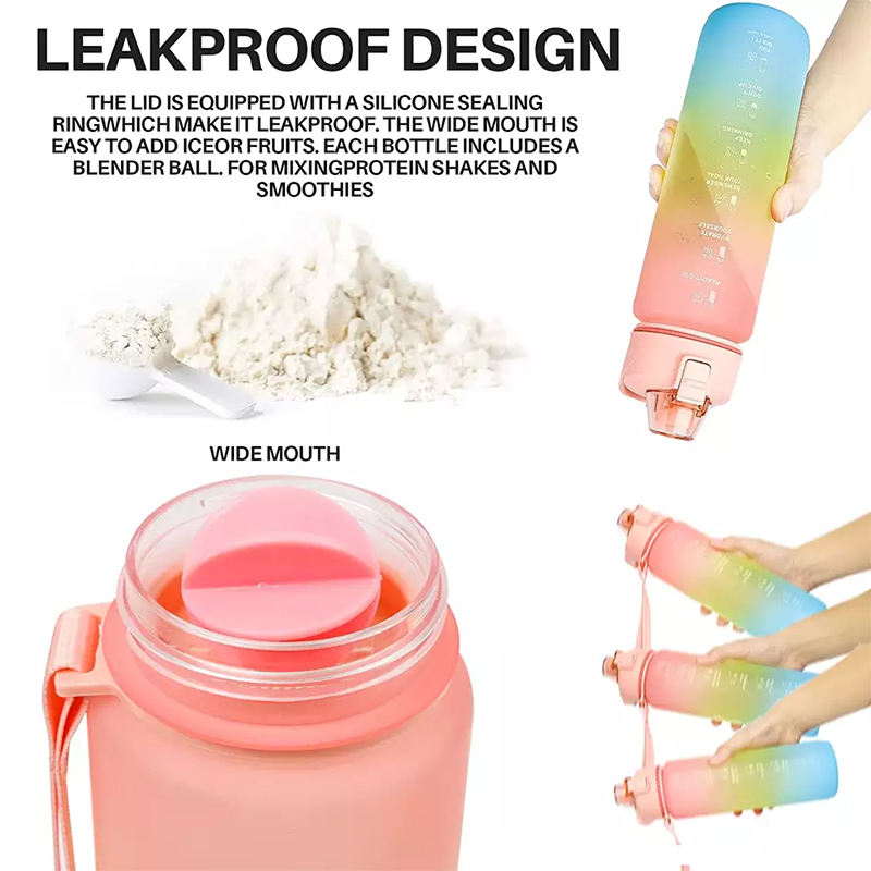 17Oz 32Oz Multi Functional Wide Mouth Leak Proof Plastic Sports Shaker Water Bottle With Time Marker Fruit Strainer