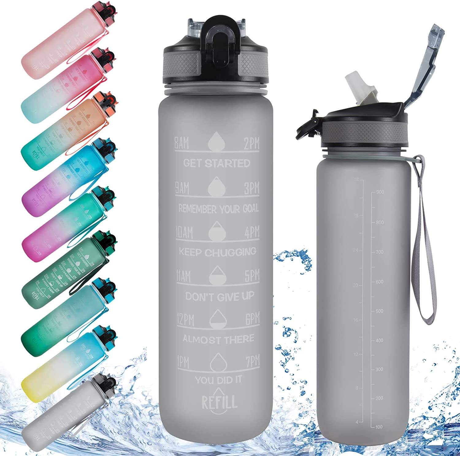 32oz Gradient Large Motivational Fitness Sports Water Bottle Reusable with Straw BPA Free Leakproof Plastic Bottle