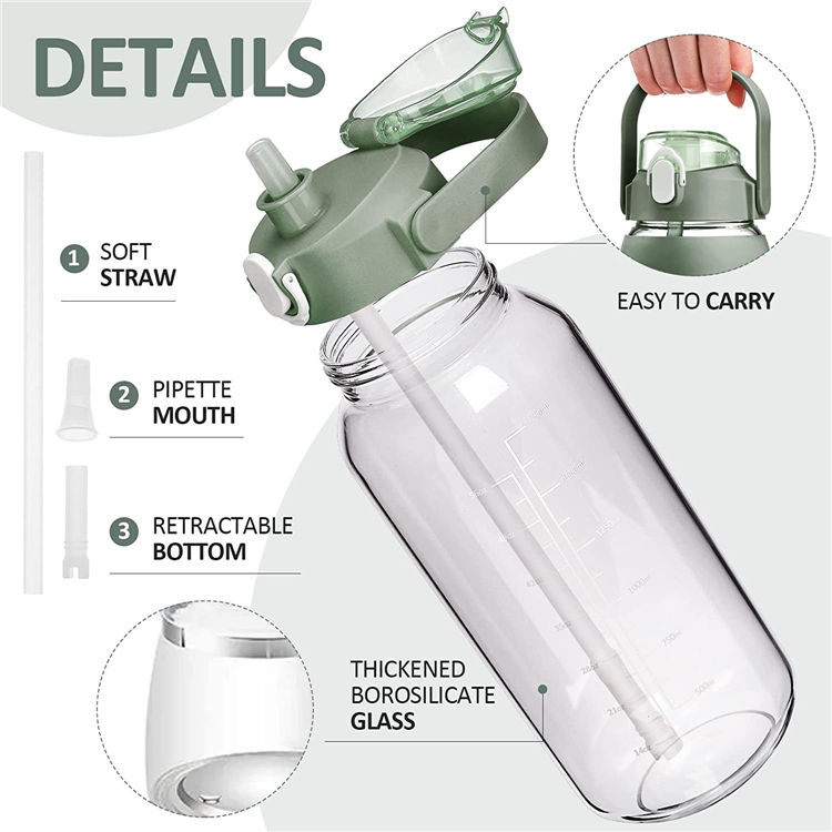 Hot Sale 2L Water Bottle with Straw and Handle Leakproof Motivational Time Marker Water Bottle with Silicone Sleeve