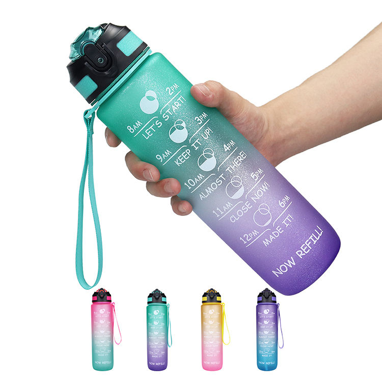 Gradient Drinking 1000ml 1L Plastic Creative Frosted Straw Cover Space Water Sports Bottle Outdoor Travel Mug with Silicone Hand