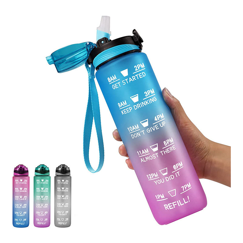Custom 1L Sport Water Bottle with Time Marker and Straw Lid Outdoor Gym Plastic Tritan Motivational Water Bottle