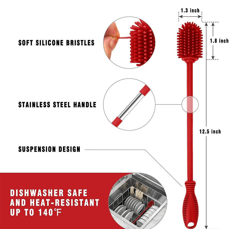 Deep Cleaning Silicone Cleaning Brushes Long Handle Glass Water Cup Bottle Brush Bacteria Remover with Removable Head