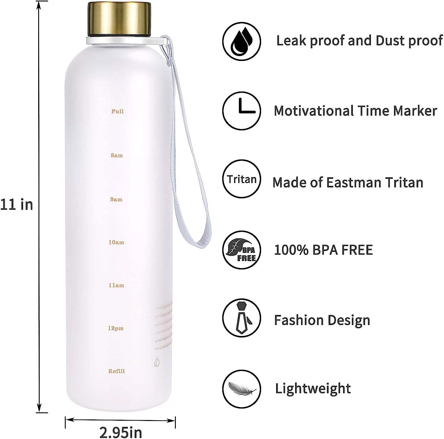 32oz BPA FREE LEAKPROOF DRINKING WATER BOTTLE WITH TIME MARKER and RPOE for OUTDOOR and SPORT