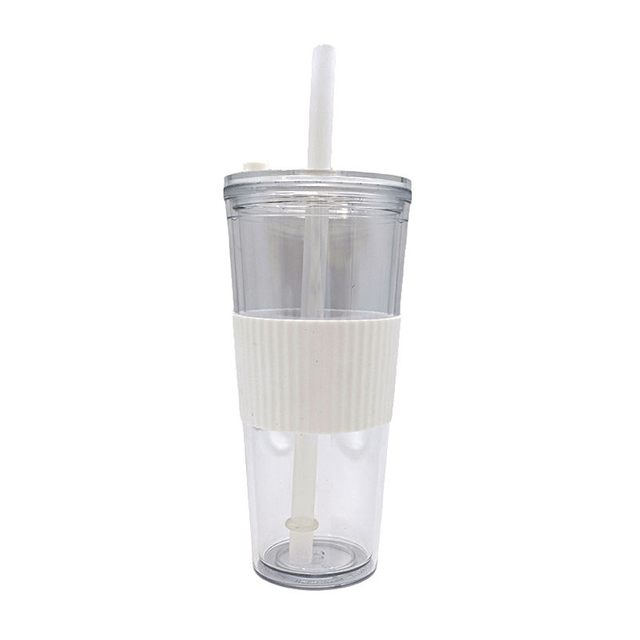 High Quality 710Ml Outdoor Travel Wide Mouth Clear Reusable Drink Tumbler With Rubber Sleeve Straw