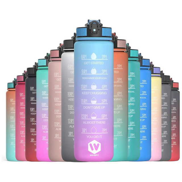 Hot Sale 32oz/1000ml BPA FREE Gradient Color Gym Fitness Sports Plastic Large Motivational Water Bottle with Time Marker