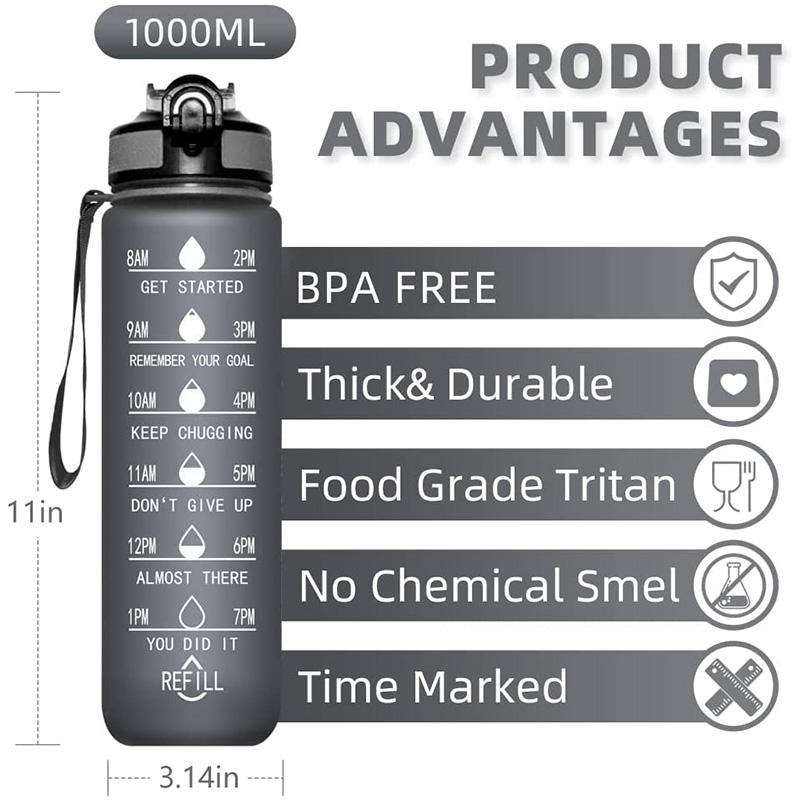 1L Tritan BPA Free Time Marker Frosted Plastic Motivational Sports Water Bottle