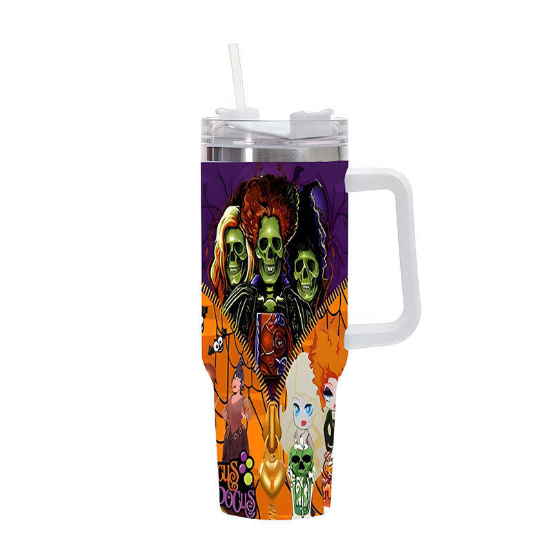 40oz Cartoon Print Tumbler Halloween Double Wall Vacuun Insulated Travel Car Mug Funny Gift Tumbler Cup with Lid and Straw