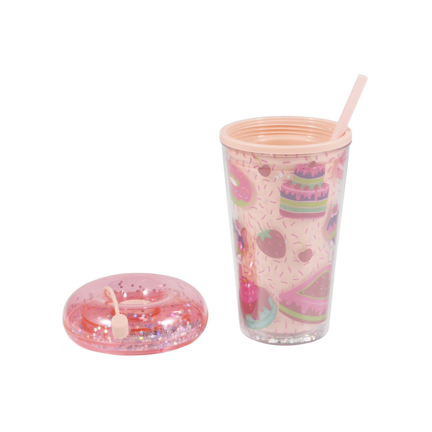 450ml Custom Pattern Straw Coffee Cup Leak Proof Double Wall Plastic Cup