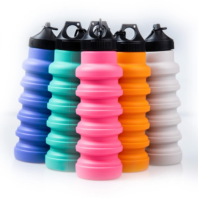 32oz Food Grade Silicone Foldable Travel Drinking Water Bottle with Lid and Locking Buckle Handle