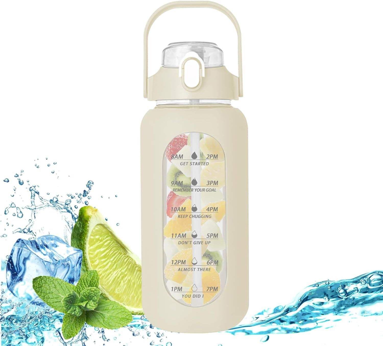 74oz Hot Sale 2.2L Water Bottle with Straw and Handle Leakproof Motivational Time Marker Water Bottle with Silicone Sleeve