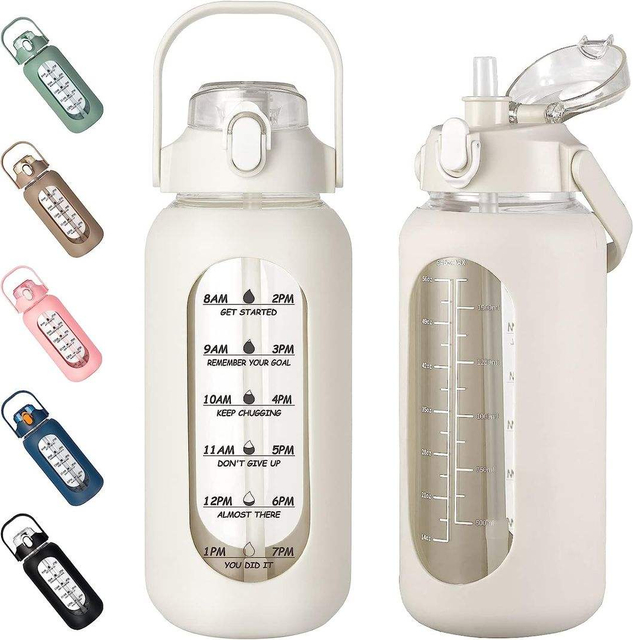 74oz Hot Sale 2.2L Water Bottle with Straw and Handle Leakproof Motivational Time Marker Water Bottle with Silicone Sleeve