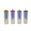 Wholesale Double Layered Cup Wall Plastic Water Cups in the Style of Colorful Glitter Flakes with a Straw Made of AS Material