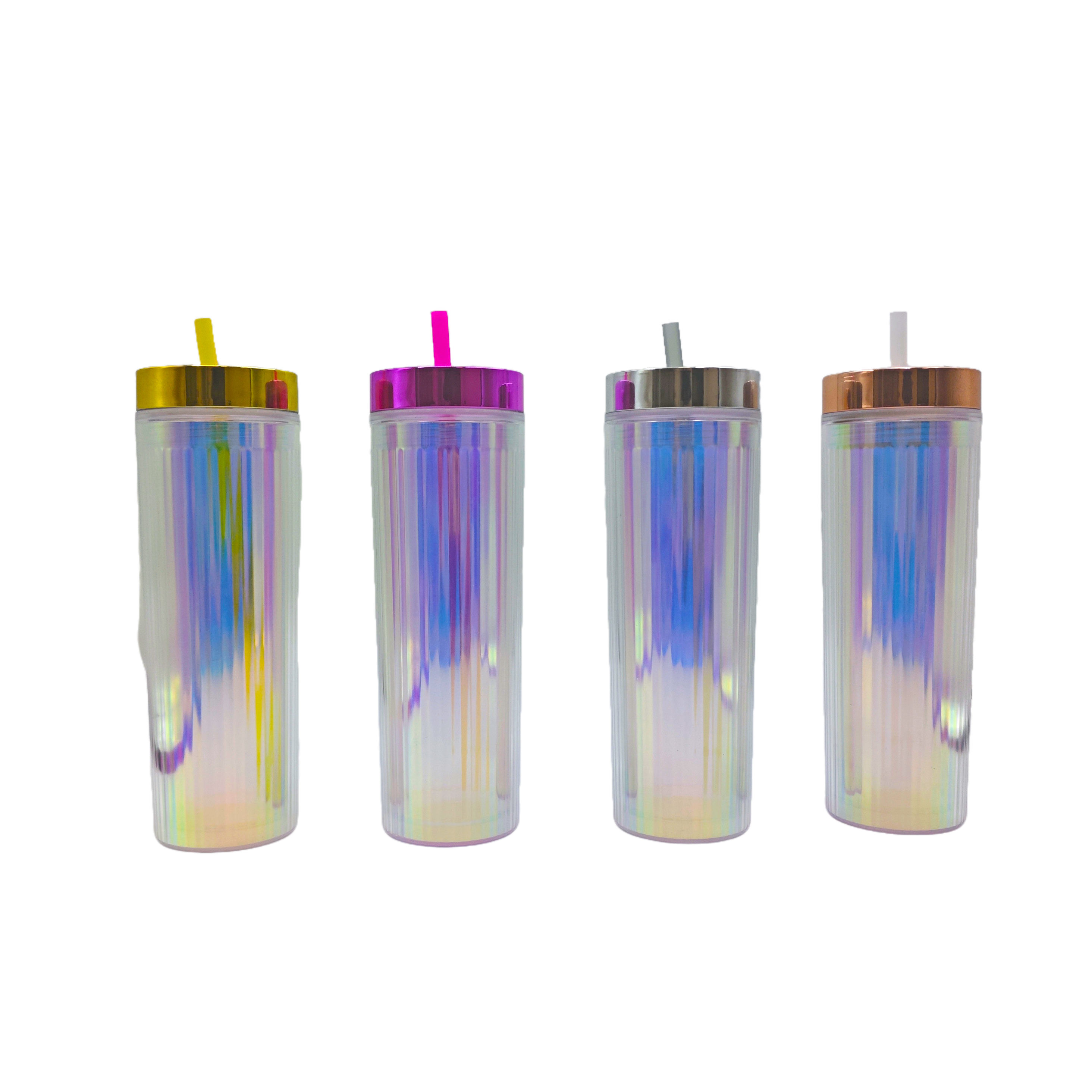 Wholesale Double Layered Cup Wall Plastic Water Cups in the Style of Colorful Glitter Flakes with a Straw Made of AS Material