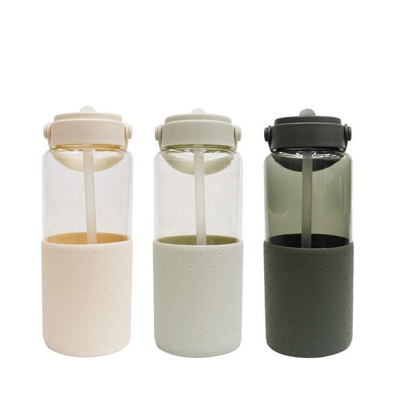 1L 34oz Large Capacity Fitness and Sports Water Bottle with a Non-slip Silicone Sleeve Comfy Handle and Straw Lid
