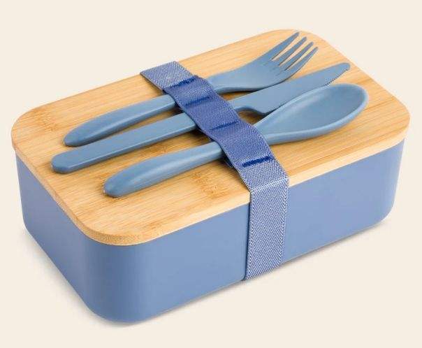 Eco- Friendly Lunch Box Made of RPET Material Suitable for Everyone Comes with Bamboo Lid As Well As a Knife a Fork and a Spoon