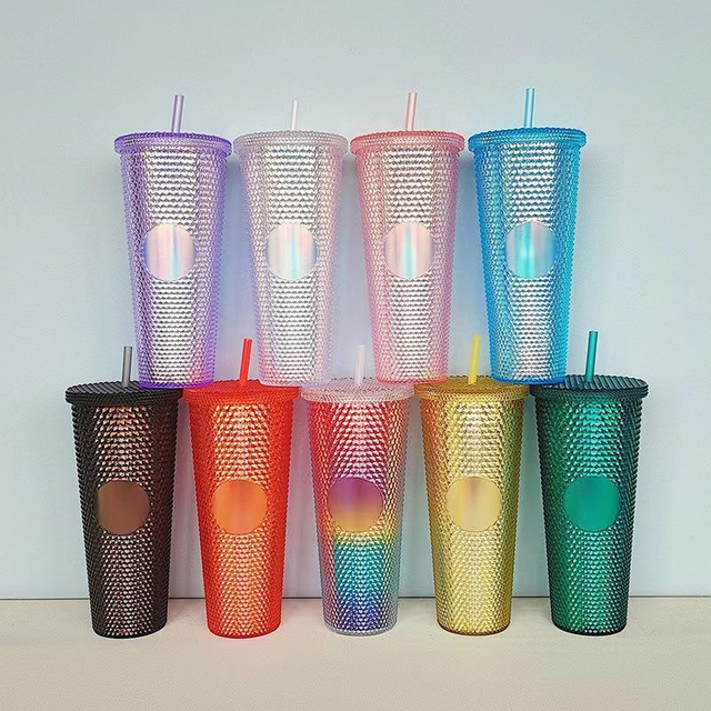 700ML Colorful Plastic PS Leak Proof Durian Grid Cup Diamond studded Mug