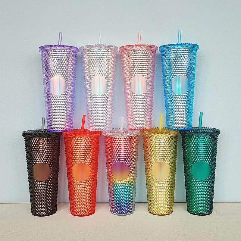 700ML Colorful Plastic PS Leak Proof Durian Grid Cup Diamond studded Mug
