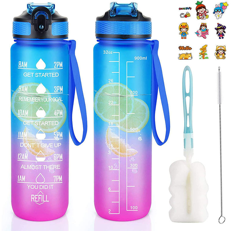Wholesale 1L 32 Oz Gradient Color Wide Mouth Motivational Plastic Sports Water Drink Bottle With Strap