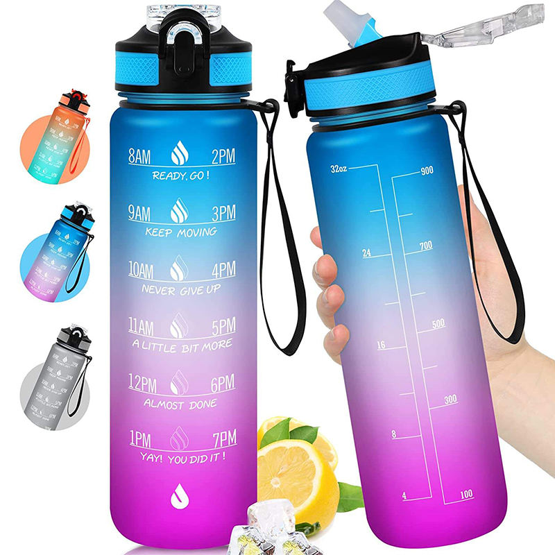 Wholesale 1L 32 Oz Gradient Color Wide Mouth Motivational Plastic Sports Water Drink Bottle With Strap
