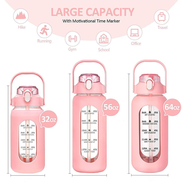 42Oz 56Oz 64Oz Hot and Cold Big Transparent Motivational Plastic Water Bottle With Handle Capacity Scale