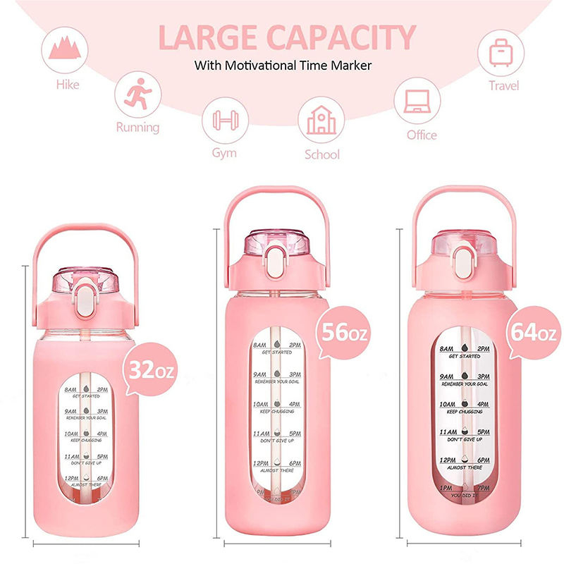 42Oz 56Oz 64Oz Hot and Cold Big Transparent Motivational Plastic Water Bottle With Handle Capacity Scale