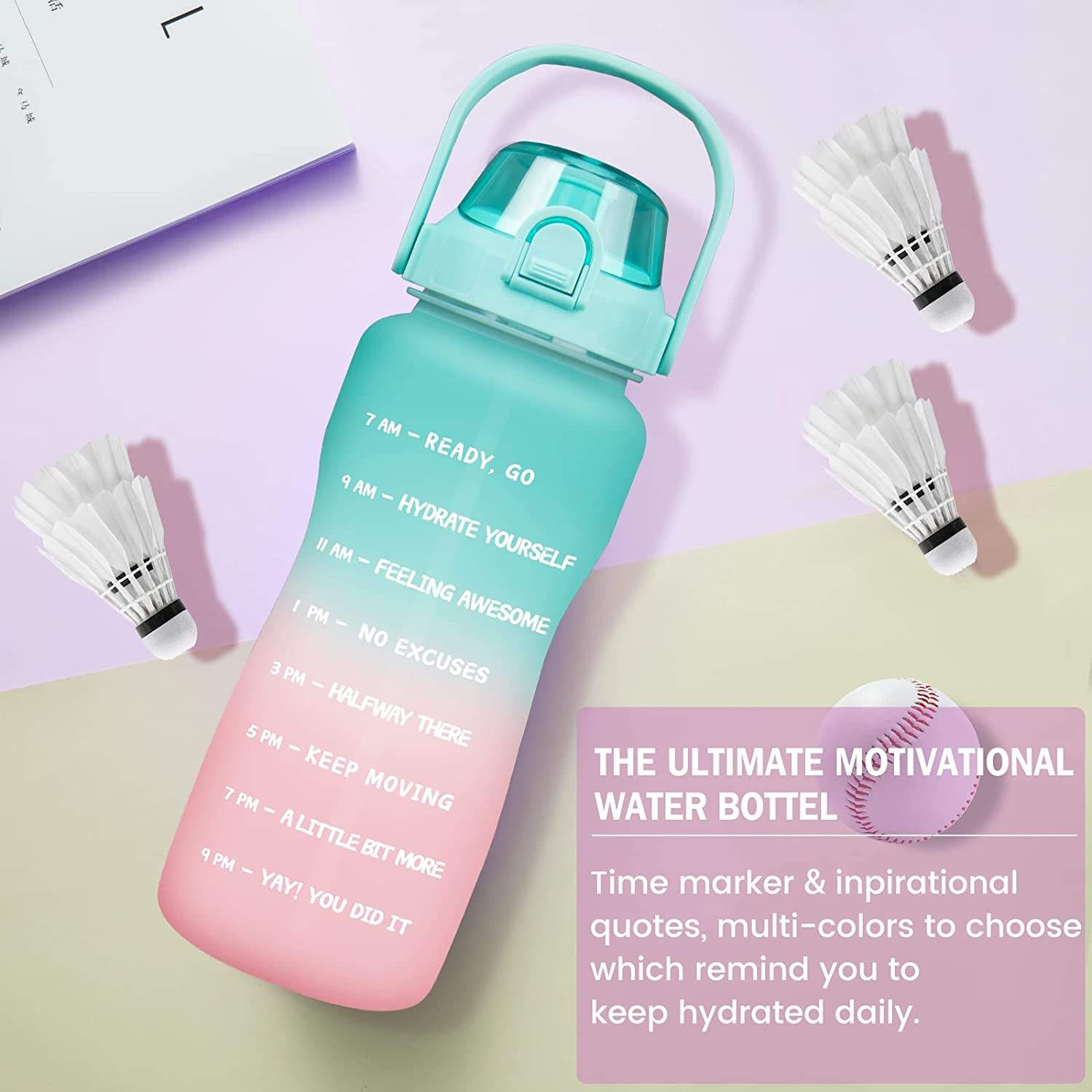 2L 64 oz Half Gallon Bpa Free Plastic Sports Motivational Water Bottle With Time Marker Sleeve and Strap