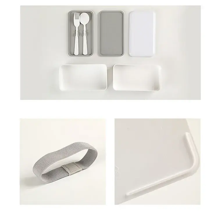 Double Layer Oblong Shape Food Grade Hot Sales RPET Plastic Bento Box with Bandage Eco Friendly Bento Box for Office Worker