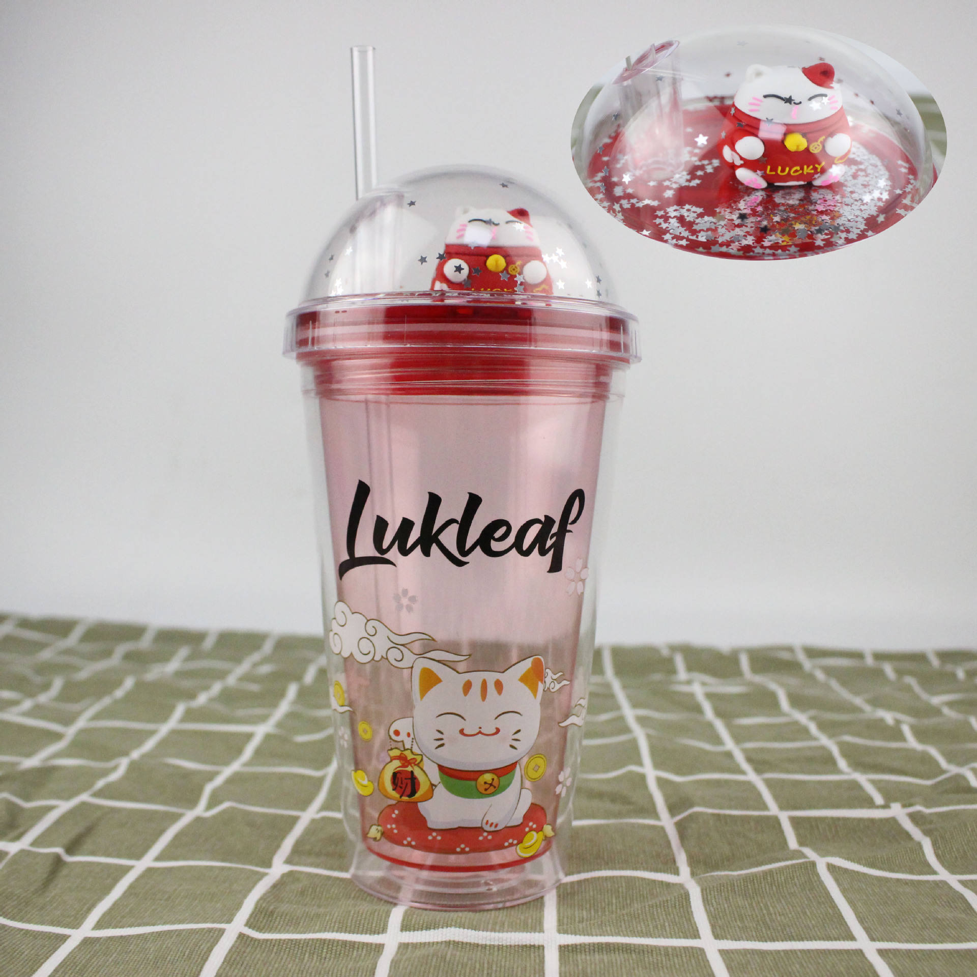 Summer New Ice Cup Bottle with Light Double-layer Straw Plastic Water Cup Bottle Cartoon Crushed Ice Cup Bottle
