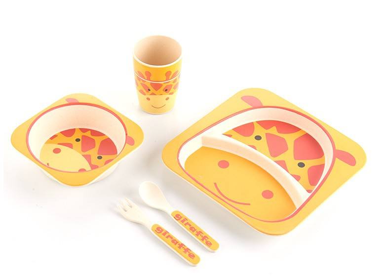 Hot Selling Custom Print Biodegradable Baby Feeding Dishes 5pcs Set Bamboo Fiber Plate Set