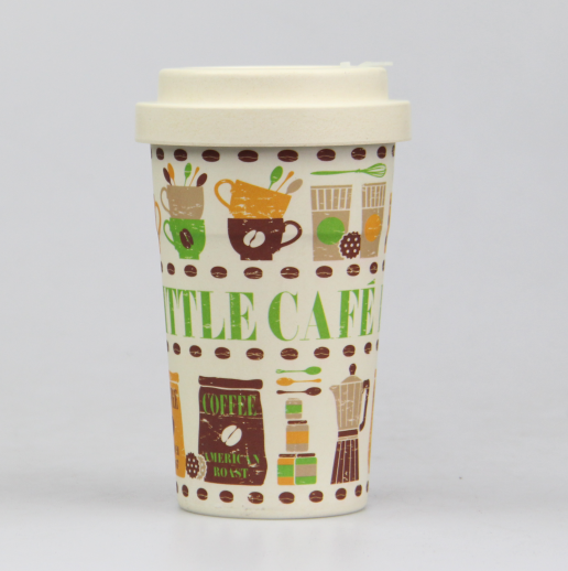 Eco-friendly BPA Free RPET 400ml Custom Pattern Reusable Coffee Cup with Lid Bamboo Fiber Mug with Silicone Sleeve