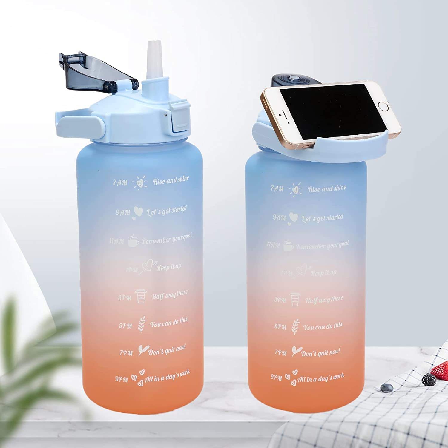 64oz Half Gallon Motivational Water Bottle with Time Marker and Removable Straw,handle,BPA FREE Leakproof Large Water Bottle