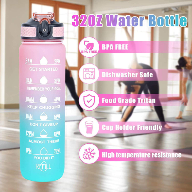 Customised 32 Oz Bpa Free Plastic Fitness Workout Sport Motivational Time Marker Water Bottle With Straw Strainer