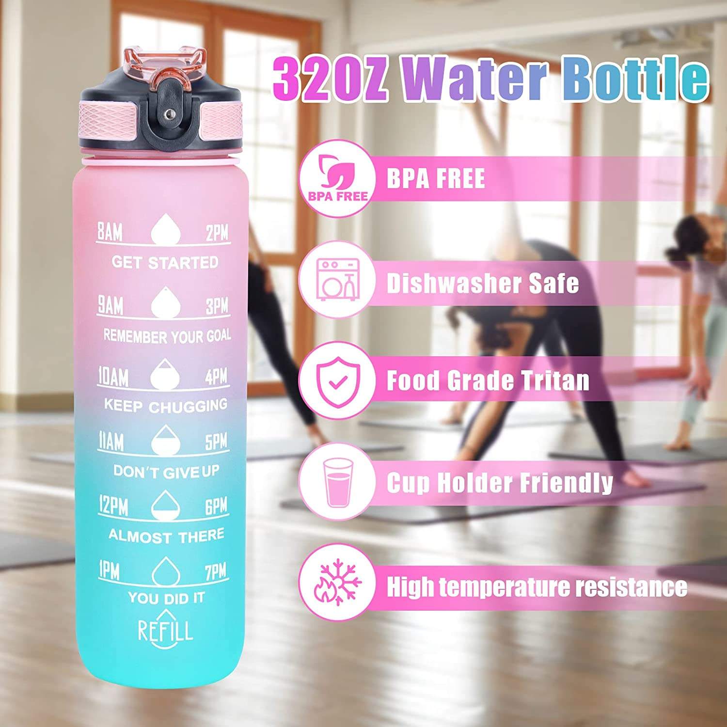 Customised 32 Oz Bpa Free Plastic Fitness Workout Sport Motivational Time Marker Water Bottle With Straw Strainer