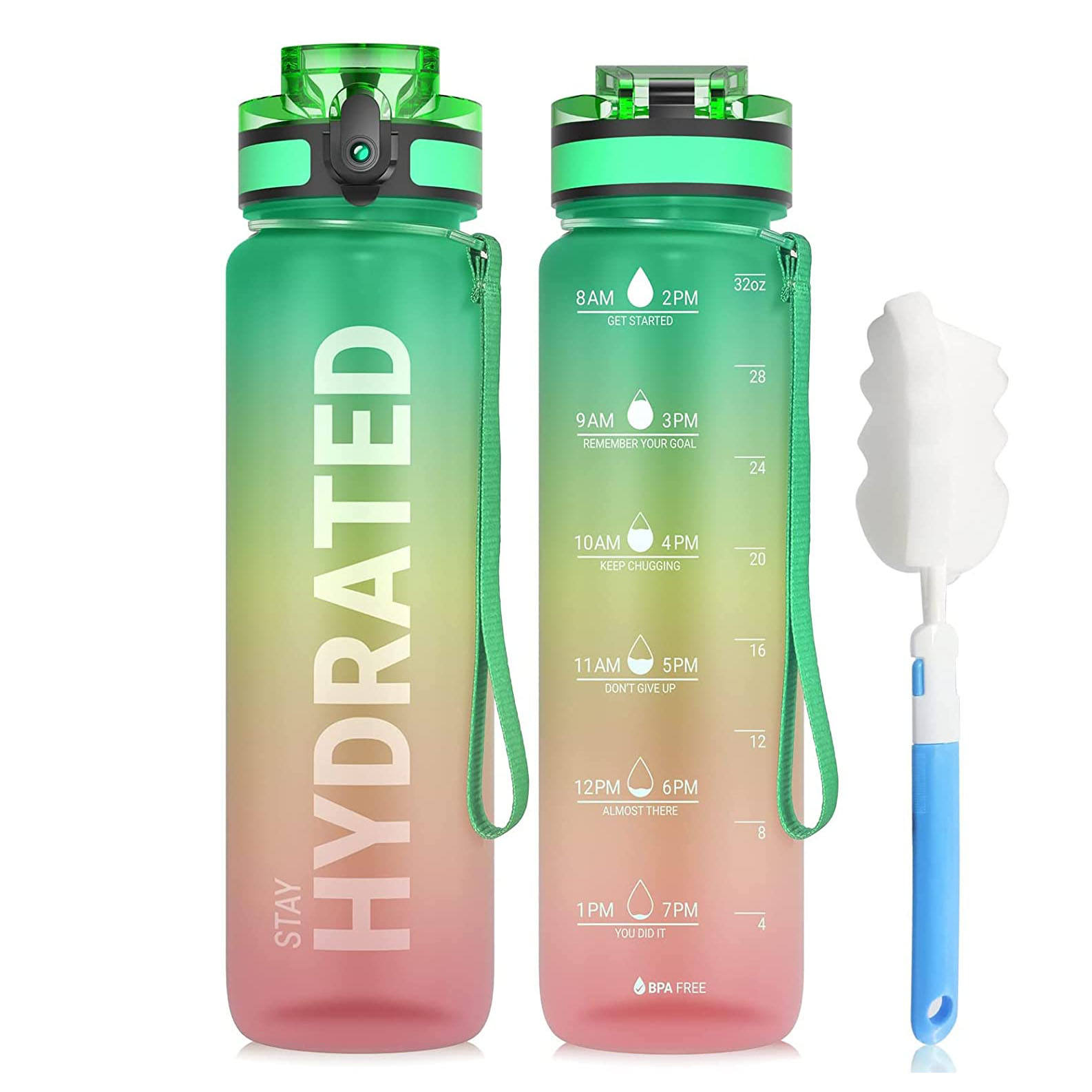 32oz Sport Water Bottle Custom Design with Motivational and Time Marker Leakproof Portable BPA Free Plastic Water Bottle