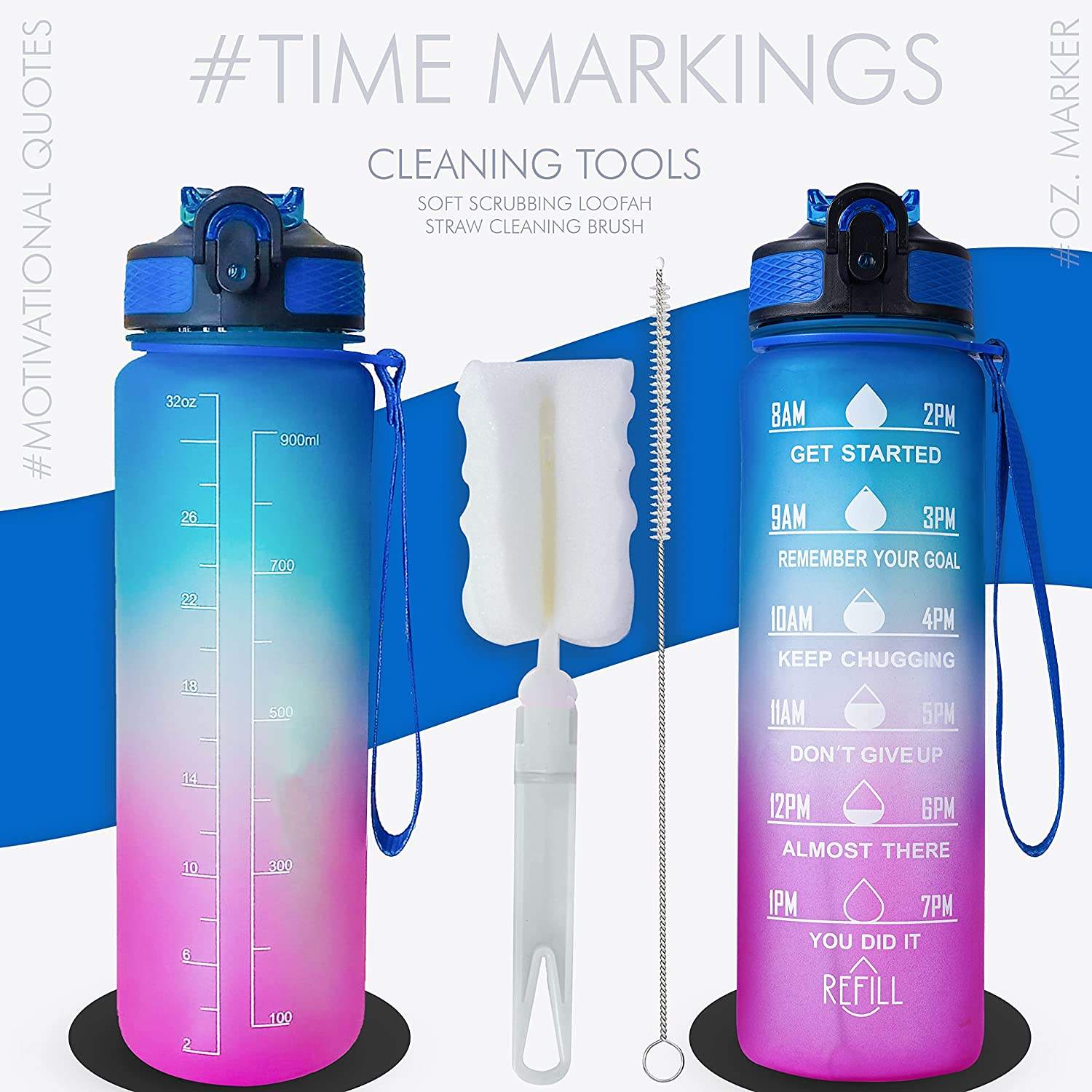 32oz Tritan Sport Gradient Plastic Water Bottles BPA Free Motivational Fitness Sports Water Bottle with Custom logo