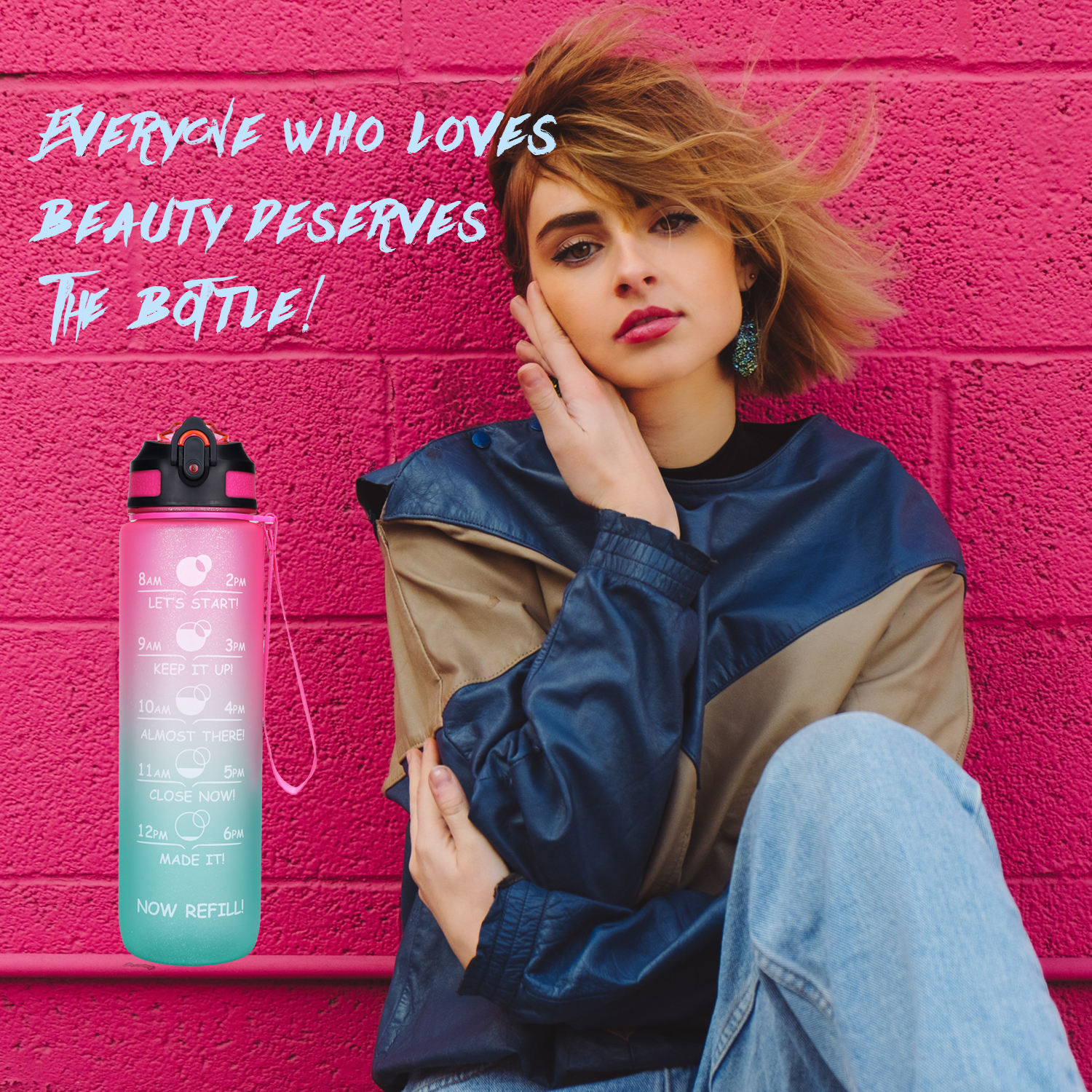 1000ml Water Bottles Customization Plastic Big Capacity Bottles with Time Marker Wide Mouth Leakproof Durable